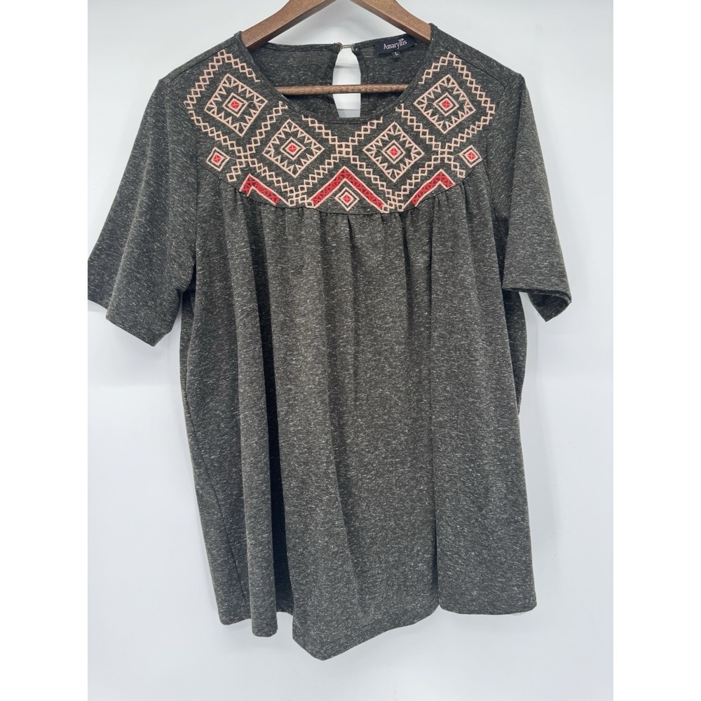 Amaryllis Linen Blend Embroidered Ruffle Tunic Blouse lightweight flowy‎ Boho L